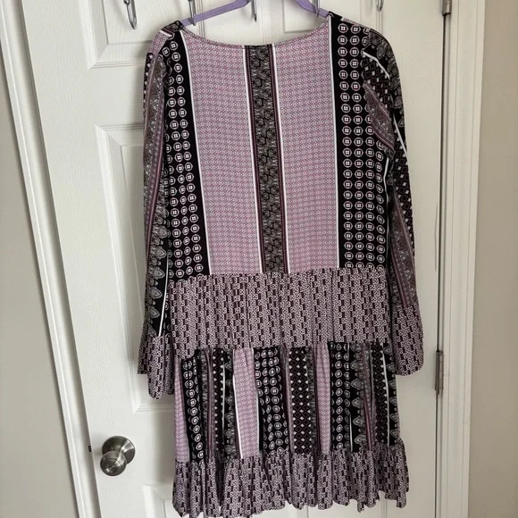 VTG Christian Caliendo Women BoHo Purple/White/Black Geo Print Dress Large Flair - Picture 2 of 8